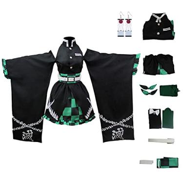 Imagem de Juejuezi Nova fantasia Zenitsu Tanjirou cosplay anime quimono Halloween saia ombro de fora roupa Shinobu com brincos, Verde, 3G