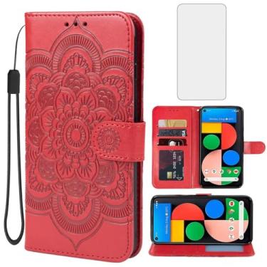 Imagem de Yodueiv Capa para Pixel 5, capa carteira para Google 5 GD1YQ GTT9Q com protetor de tela de vidro temperado, alça de pulso de couro PU mandala slots para cartão capa protetora flip para Google Pixel 5