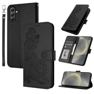 Imagem de Dibosom Capa carteira floral para Samsung Galaxy S24 Plus S24+ 5G com alça de pulso flip com zíper, suporte de cartão de couro PU de luxo acessórios capa de celular para S24plus 24S + S 24 24+ preta
