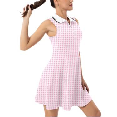 Imagem de FKEEP Vestido esportivo esportivo esportivo de golfe com zíper gola V com shorts e bolso, Xadrez rosa 18, PP