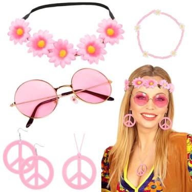 Imagem de WOVOWOVO Acessórios femininos hippie dos anos 60, 70, 6 peças, boêmio, hippie, roupas descoladas para lembrancinhas de festa de carnaval, discoteca de Halloween, conjunto de acessórios para mulheres,