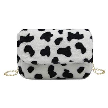 Imagem de RARITYUS Bolsa de ombro feminina moderna com estampa de leopardo, bolsa de pelúcia fofa, bolsa transversal de pele sintética com alça de corrente, Estampa de vaca, One Size,