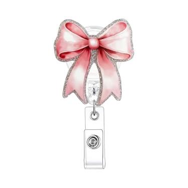 Imagem de Porta-crachás de identificação retrátil com glitter carretel de crachá de enfermeira com desenhos de laço rosa com clipes retráteis para enfermeira médica, enfermeira, estudante, professor, 1 peça