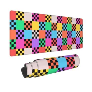 Imagem de Mouse pad para jogos grande, placa de xadrez de mosaico colorido, tapete de mouse grande, base de borracha com bordas costuradas, tapete de mouse de computador grande quadriculado geométrico, tapete