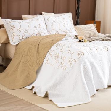 Imagem de Lady Ann Colchas tamanho king extragrande, 120 x 120, 100% algodão, bordado, californiano, conjunto de cama extragrande, branco com ouro, leve para todas as estações, 3 peças