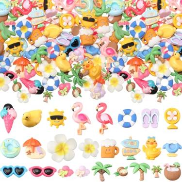 Imagem de Giegxin 40 peças de encanto de resina de verão Havaí praia coco flamingo plumeria flor flatback acessórios cabochão enfeites fofos em massa para joias, capa de celular, scrapbooking, faixa de cabeça
