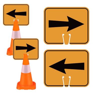Imagem de 2 peças, seta de trânsito, laranja, sinalização de desvio de cone de estrada, sinalização de setas direcional esquerda e direita para construção externa de barricada de estrada