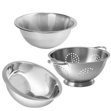 Imagem de Kit Escorredores Multiuso Aço Inox Lavador de Arroz, Macarrão e Bowl 24cm - Lehavi
