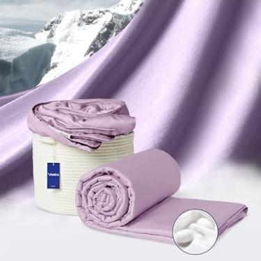 Imagem de Vesta Cobertor refrescante de seda lavável, edredom leve para quem dorme quente, 100% seda de amoreira, umidade e controle térmico para uso no verão, tamanho Queen, roxo zen