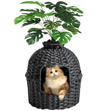 Imagem de SETVSON Caixa De Areia Para Gatos, Móveis Plantas, Rattan Oculto Feito À Mão Com Gatos E Plantas Artificiais, Filtro Controle Odores, Pedras Naturais Na Sala Estar, Quarto, Canto (Preto)