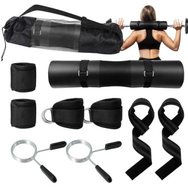 Imagem de EQUNROY Conjunto de 10 almofadas de impulso para quadril com bolsa de transporte, 2 tiras de tornozelo para academia, 2 tiras de elevação, 2 faixas de pulso, 2 braçadeiras de barra para agachamento