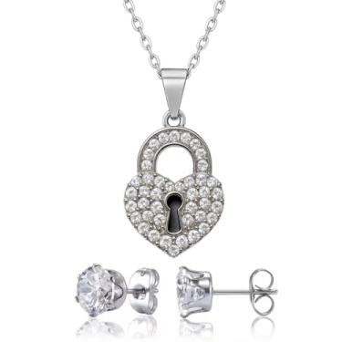Imagem de Conjunto Colar Coração Cadeado e Brincos Zircônia Corrente Aço Inox 316L Kit Feminino
