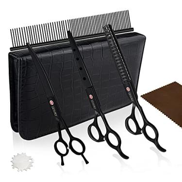 Imagem de LILYS PET tesouras profissionais de cuidados para cães de animais de estimação, tesouras de corte e curvas e finas, design de orifício redondo, tesoura de afinação para dentes de tubarão (18 cm, preta)
