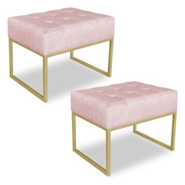 Imagem de Kit 02 Puffs Lisa Suede Base Metálica Industrial Dourado Rosa Bebê
