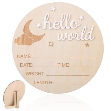 Imagem de Placa de Madeira Hello World, para Recém-Nascidos 14,8cm Placa Anúncio Nascimento Quadro Estatísticas Nascimento Meninos e Meninas Acessório Fofo para Fotos de Berçário e Hospital