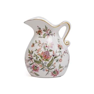 Imagem de Vaso vintage verde branco com alça dourada pintada à mão, vasos de cerâmica rústica para decoração de casa, sala de estar, estante, escritório, decorações milenares, decoração toscana, 20 cm de altura