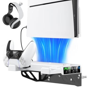 Imagem de PS5 Wall Mount Kit with Cooling Fan & Charging Station, PS5 Shelf Floating Mount for PlayStation 5/Slim/Pro Disc & Digital Console, PS 5 Wall Bracket Behind TV, PS Five Pro Accessories