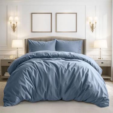 Imagem de Pure Bedding Capa de edredom King Size – Conjunto de cama extramacia de 3 peças, inclui 1 capa de edredom de 264 x 234 cm com fecho de zíper e 2 fronhas, edredom não incluído, azul acinzentado