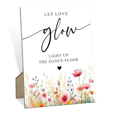 Imagem de Letreiro de madeira Let Love Glow com suporte de 20 x 28 cm, placas de casamento para recepção, decoração de mesa de casamento para pista de dança, decoração de festa floral, suprimentos para chá de