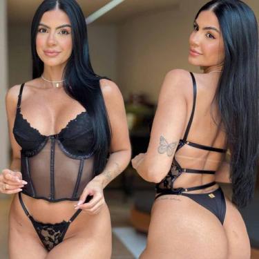 Imagem de Lingerie Cropped Tule Calcinha Fio Com Regulagem Sensual Sexy Transpar