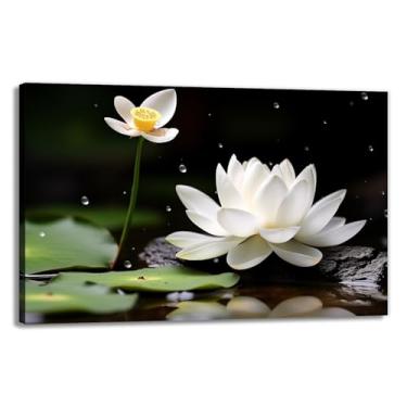 Imagem de GLOKAKA Arte de parede em tela zen flor de lótus branco na água com fotos de pedra spa pintura lagoa de lótus decoração espiritual serena para ioga meditação, sala de estar, escritório