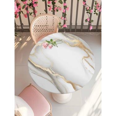 Imagem de Toalha de mesa redonda com bordas elásticas, textura de mármore abstrata, impermeável, para mesas de 91 a 112 cm, arte geométrica listrada dourada, limpável, para uso interno e externo para cozinha