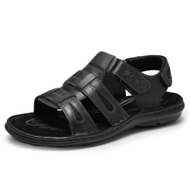 Imagem de Holy dove Sandálias masculinas de couro aberto, pescador, esportes, caminhadas, atividades ao ar livre, casual, verão, sapatos masculinos, Preto nobuck, 46