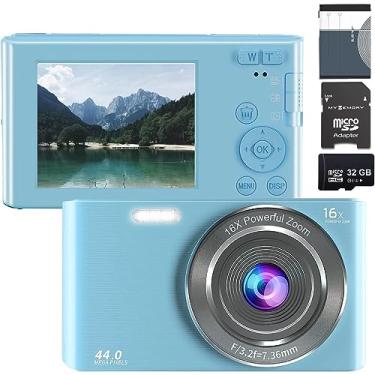 Imagem de eDealz Câmera digital de 44 MP com cartão SD de 32 GB, zoom digital de 16x, tela de 6 cm - aponte e fotografe compacto para adolescentes, estudantes, meninos, meninas, idosos (azul)