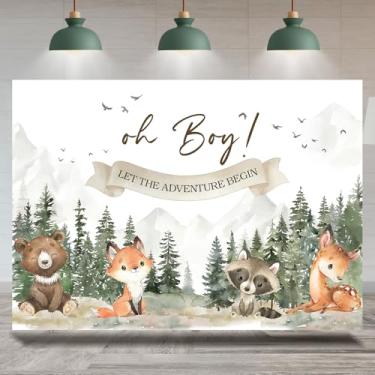 Imagem de Rsuuinu Pano de fundo Oh Boy Let The Adventure Begin Baby Shower Mountain Forest Animals Photography Background for Boys Baby Shower Party Supplies Banner Photo Booth Studio Props 2,1 x 1,5 m