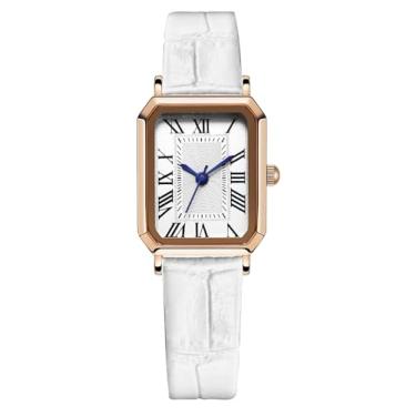 Imagem de BESTKANG Relógio feminino com pulseira de couro, elegante, delicado, vintage, retangular, relógio de pulso de quartzo, branco, ouro rosa e branco, Vintage