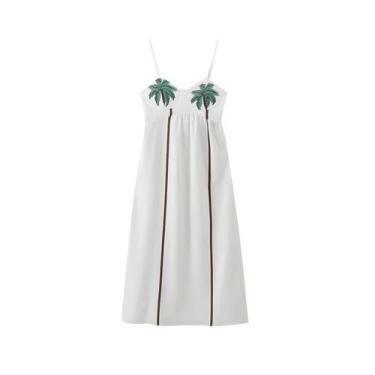 Imagem de Vestido Longo Feminino Estampado Com Palmeiras, Alça Fina, Sem Costas,