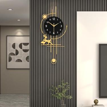 Imagem de FLEBLE Relógio de parede grande dourado com pêndulo – silencioso sem tique-taque operado por bateria, relógio decorativo de metal para sala de estar, quarto, cozinha, banheiro, decoração de casa de
