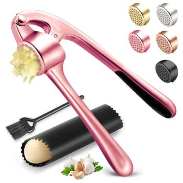 Imagem de Espremedor de alho de cozinha, à prova de ferrugem e pode ser lavado na lava-louças, conjunto de triturador de alho durável com descascador e escova, fácil de limpar e espremer, rosa
