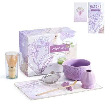 Imagem de Feestars Conjunto de batedor Matcha, kit de cerâmica bonito Matcha inclui tigela (Chawan), batedor e suporte, colher de bambu, descanso de colher, peneira e toalha de chá, 7 peças de ferramentas para