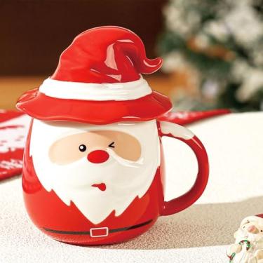 Imagem de Copo de Natal de cerâmica, caneca de Papai Noel coberta de 590 ml, copo de presente divertido para férias, adequado para leite, café, chá, chocolate quente (C)