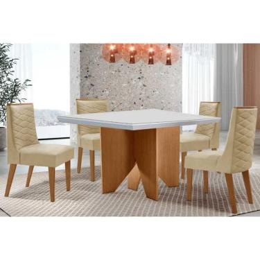 Imagem de Conjunto Sala de Jantar Nevada c/ Tampo Madeirado c/ Vidro Canto Curvo 90x90cm e 4 Cadeiras Dafne Madeira Maciça Naturale/Off White - Capuccino/Linho 