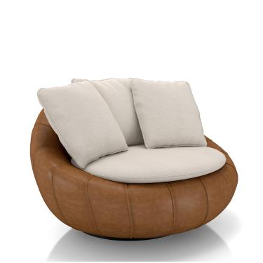 Imagem de Poltrona Giratória Sala de Estar com Almofadas Afrodite Off White Caramelo Manchado Linho/PU G45 - Gran Belo