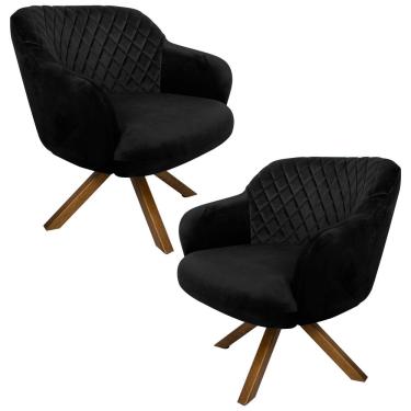 Imagem de Kit 2 Poltronas Decorativas Kitana Pés Madeira Giratório Veludo Preto - Gran Belo
