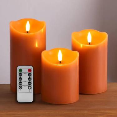 Imagem de Velas de pilar sem chama Eywamage Orange com conjunto remoto de 3