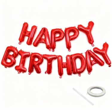Imagem de Banner vermelho de balão de feliz aniversário - Balões de letras de folha Mylar de 40,6 cm, decorações de aniversário reutilizáveis e suprimentos de festa, adequado para decorações de aniversário de