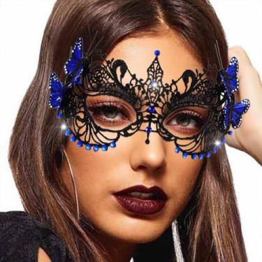 Imagem de Obmyec Máscara feminina de renda com borboleta, preta, máscara de Halloween, máscara de baile de máscaras, máscaras de carnaval para bailes de formatura, Azul, tamanho �nico