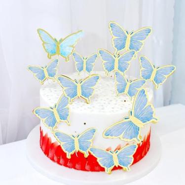 Imagem de 10 PÇS/CONJUNTO Borboleta Sobremesa Decoração Topo de Bolo Colorido Borboleta Assar Sobremesa Decoração de Aniversário, 5-8,7 cm (Azul)