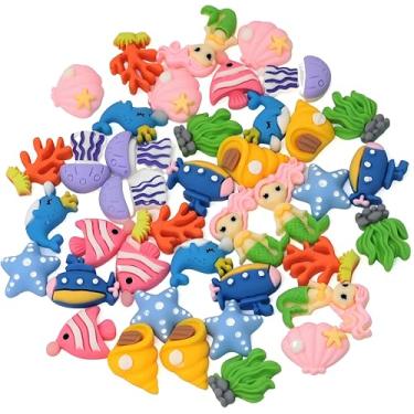 Imagem de Conjunto de 20 peças de pingentes de geleca de resina plana com tema animal do oceano – 10 estilos inclui sereia, peixe, coral, conchas, baleia, cabochão de estrela do mar para clipes de cabelo DIY