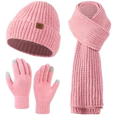 Imagem de Conjunto de luvas de gorro de inverno para mulheres, gorro de inverno forrado com lã despojado, gorro de caveira, cachecol longo de tricô, luvas de tela sensível ao toque para mulheres e homens