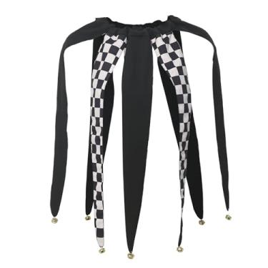 Imagem de UniqKaliber Gargantilha de palhaço vitoriano xadrez e chapéu de bobo bobo da corte de Natal com sinos para fantasia