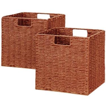 Imagem de Vagusicc Cesta de armazenamento de vime, conjunto de 2 cestas de vime de corda de papel tecidas à mão, caixas de armazenamento de cubos dobráveis, cestas quadradas de armazenamento de 23 cm para
