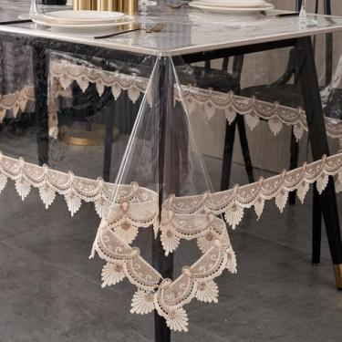 Imagem de LIBERECOO Toalha de mesa de vinil transparente com acabamento de renda Loral costurada, capa de mesa de plástico à prova d'água 152 x 300 cm com protetor de toalhas de mesa bordadas
