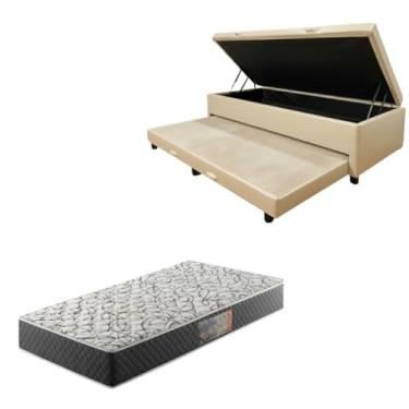Imagem de Cama Box Baú Solteiro com Auxiliar (Bicama) + Colchão de Espuma D33 20cm | Kit Completo com Cabeceira Botonê Opcional | Diversas Cores (2, CORINO BEGE, SEM CABECEIRA)