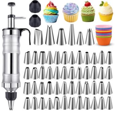 Imagem de NOVANO Conjunto de seringas para decoração de sobremesa, kit de tubulação de cobertura de aço inoxidável, kit de decoração de bolo com 54 pontas de confeitar e 9 cupcakes de silicone, kit de decoração