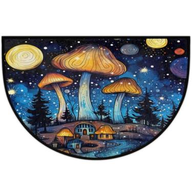 Imagem de Tapete de porta meio redondo, cogumelo, céu estrelado, pintura a óleo, antiderrapante, macio, semicírculo, lavável, meia lua, capacho de entrada de boas-vindas para uso externo, interior, quarto